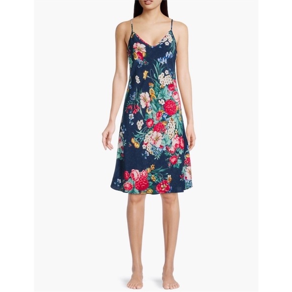 Johnny Was 100% silk slip midi dress in navy blue floral NWT - Picture 6 of 10